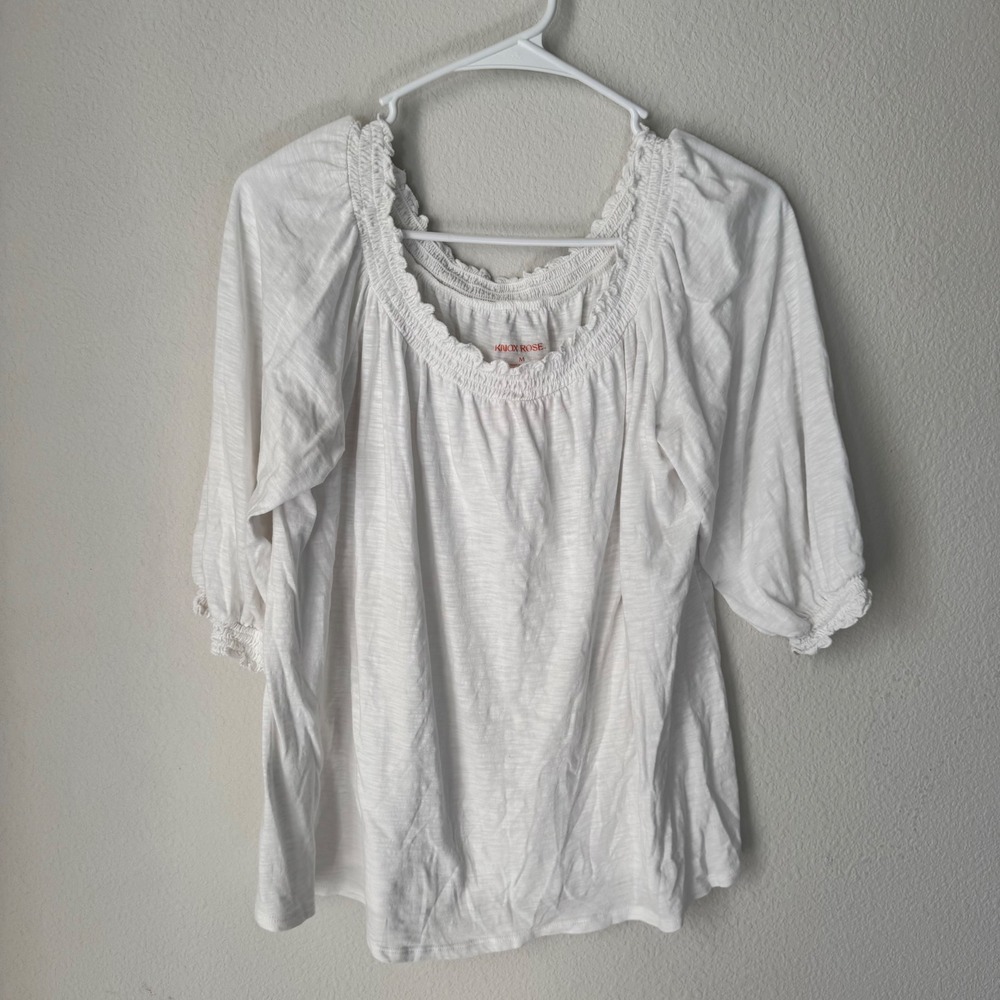 Knox Rose White Smocked Ruffle Neck Slub Knit‎ Boho Peasant Top Medium - Picture 2 of 4